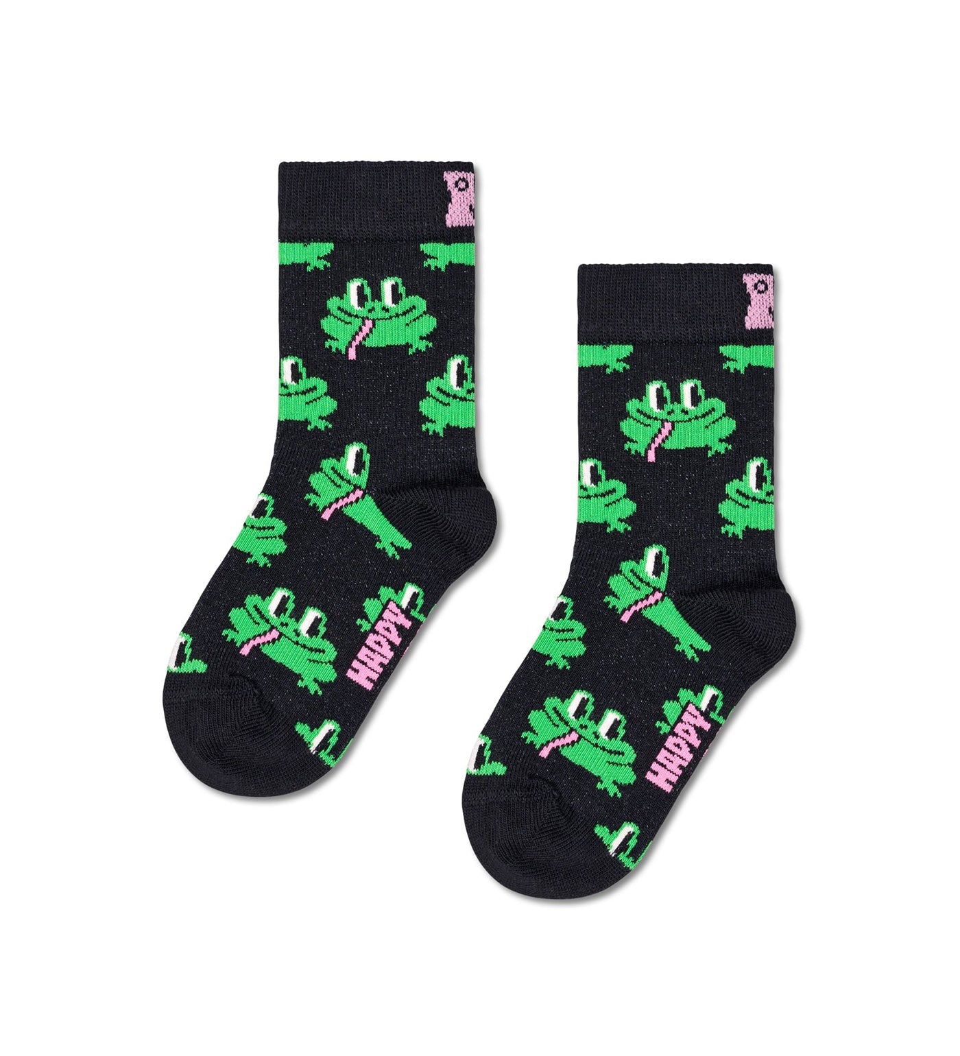 Two pairs of colorful unisex crew socks featuring playful frog designs, perfect for matching with a loved one.