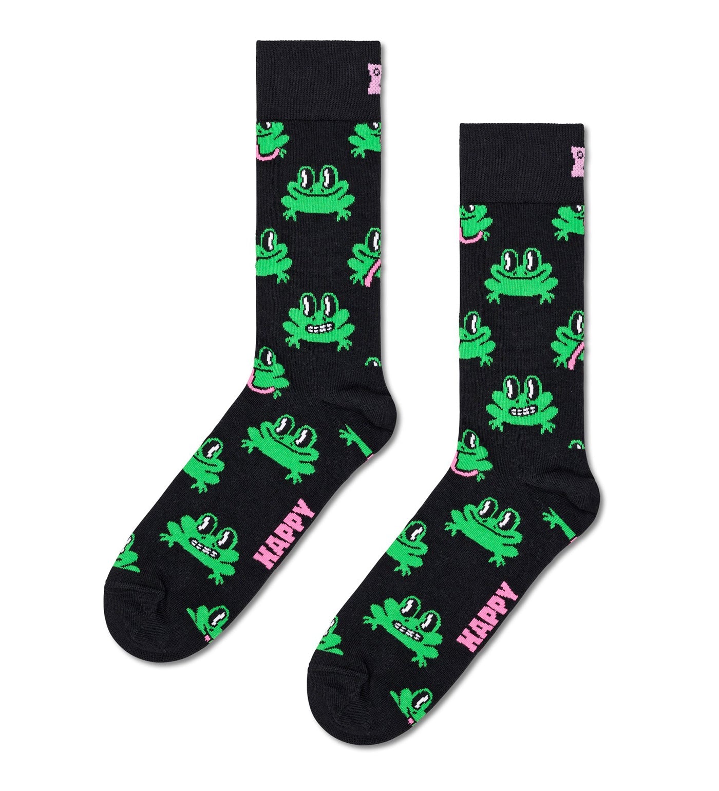 Two pairs of colorful unisex crew socks featuring playful frog designs, perfect for matching with a loved one.