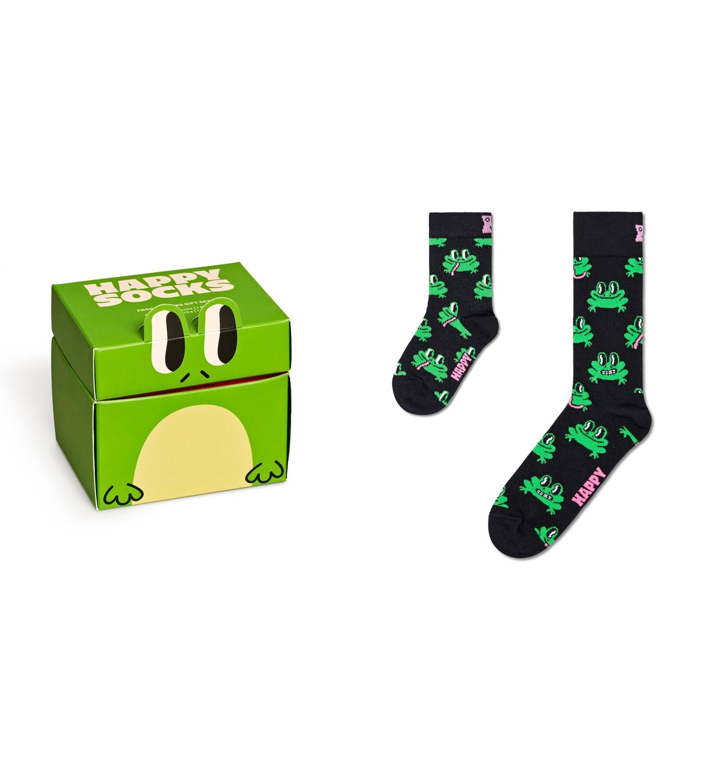 Two pairs of colorful unisex crew socks featuring playful frog designs, perfect for matching with a loved one.