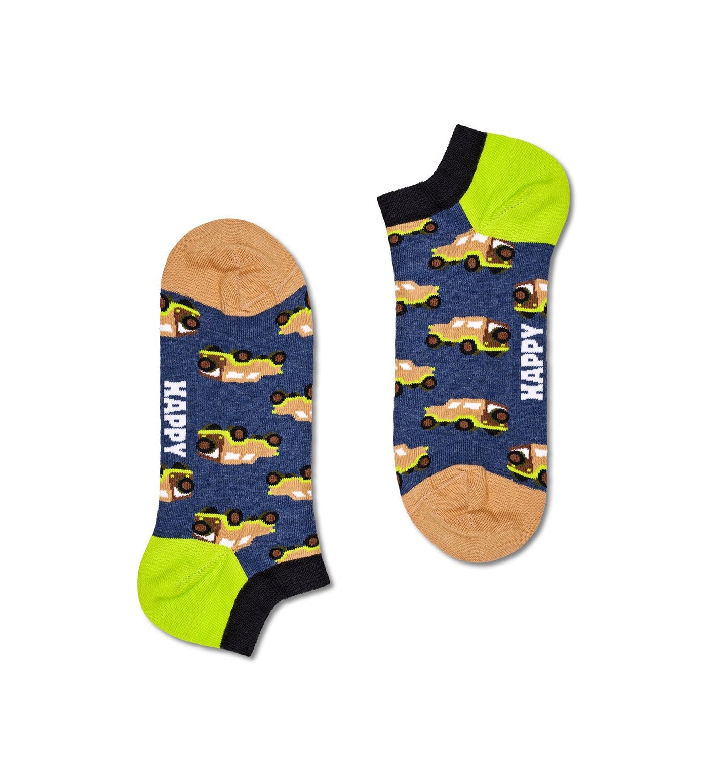 Playful ankle length socks with colorful SUV patterns, designed for men and women who enjoy fun socks with an adventurous vibe.