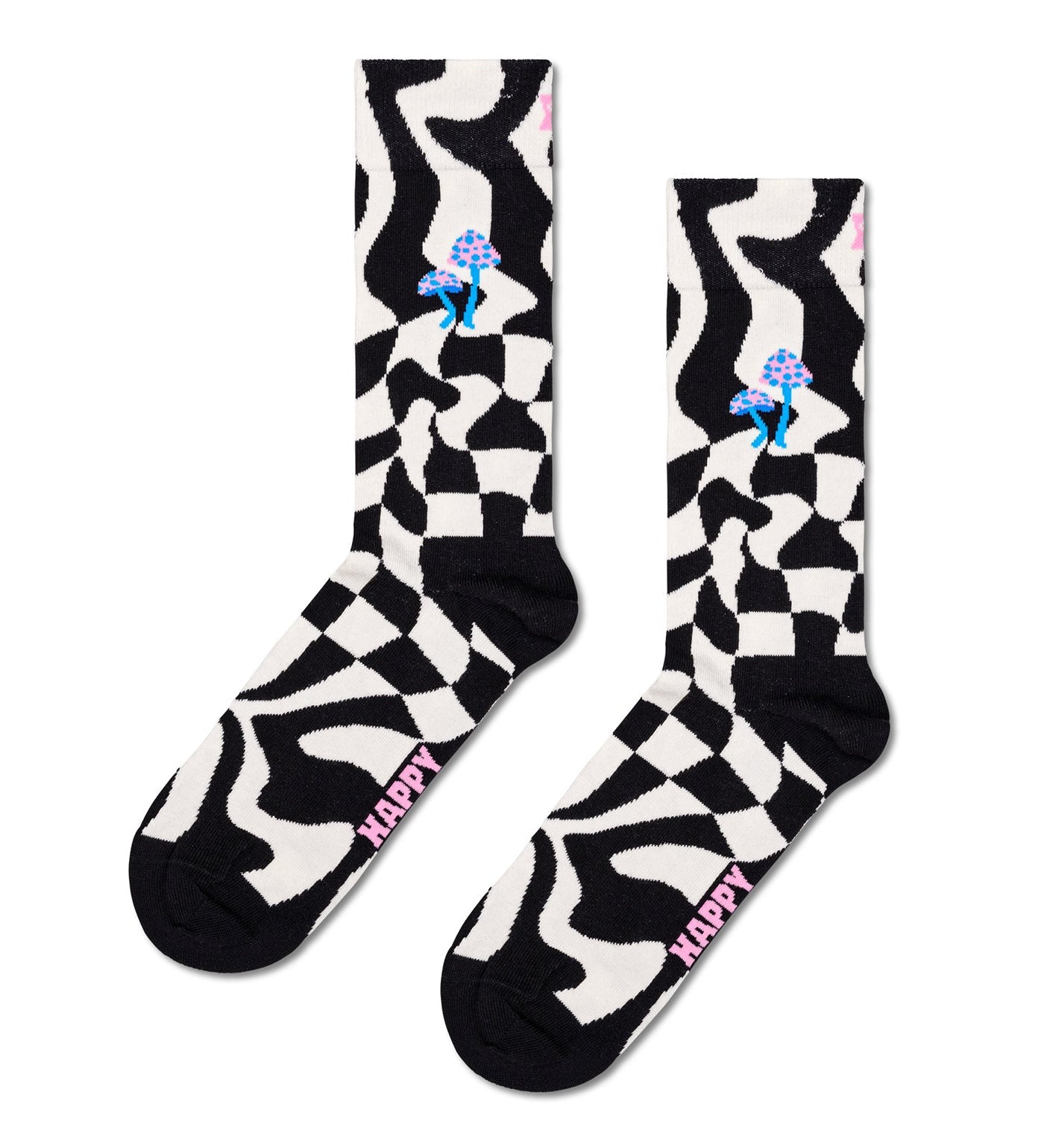Bright, playful unisex crew socks featuring a distorted checkered pattern, suitable for women and men.