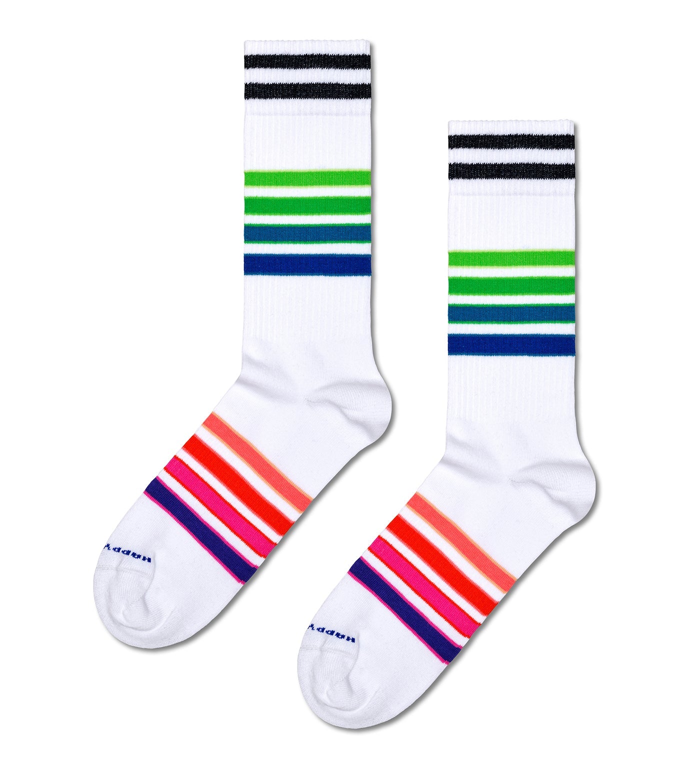 Colorful unisex crew length socks with vibrant stripes. Perfect for sneaker enthusiasts, suitable for both men and women.
