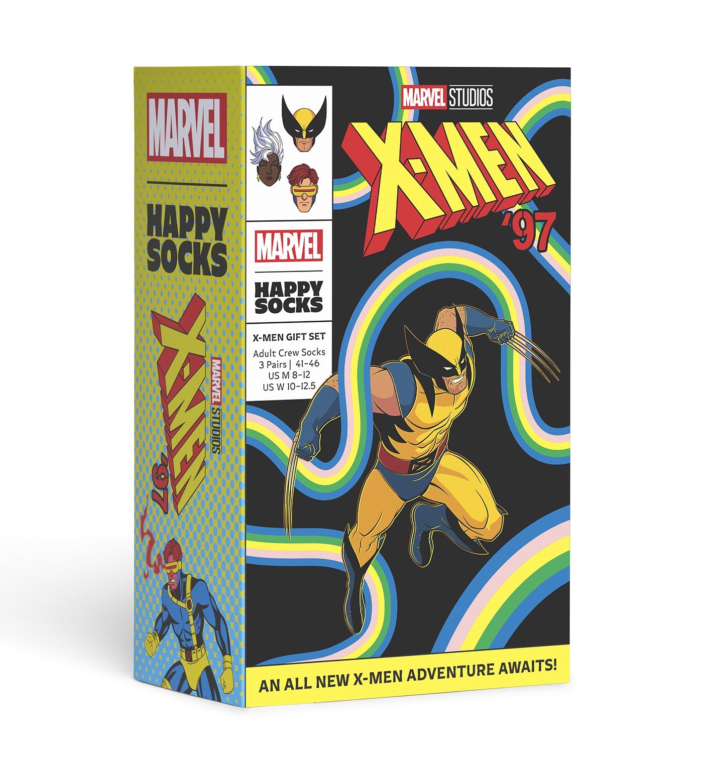 Colorful Happy Socks featuring MARVEL X-Men designs, gift set of three pairs, crew length, for both women and men.