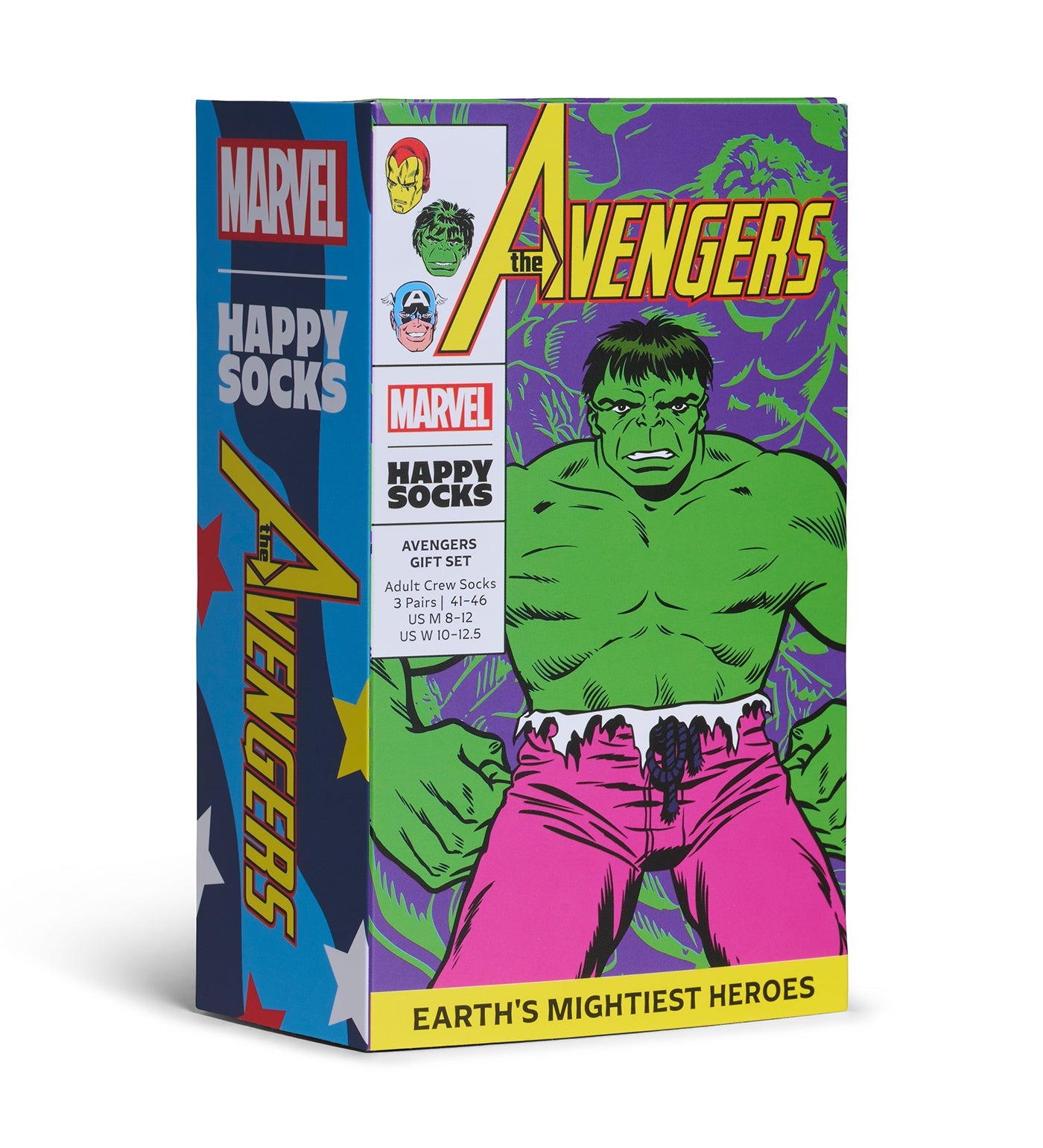 Three pairs of vibrant Marvel Avengers-themed crew socks for men and women, featuring iconic superhero designs in a colorful gift box.