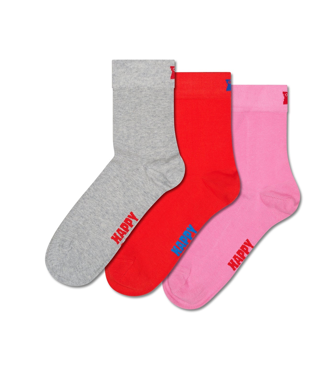 A 3-pack of Happy Socks unisex ankle length socks in solid colors, designed for both men and women; stylish and comfortable.