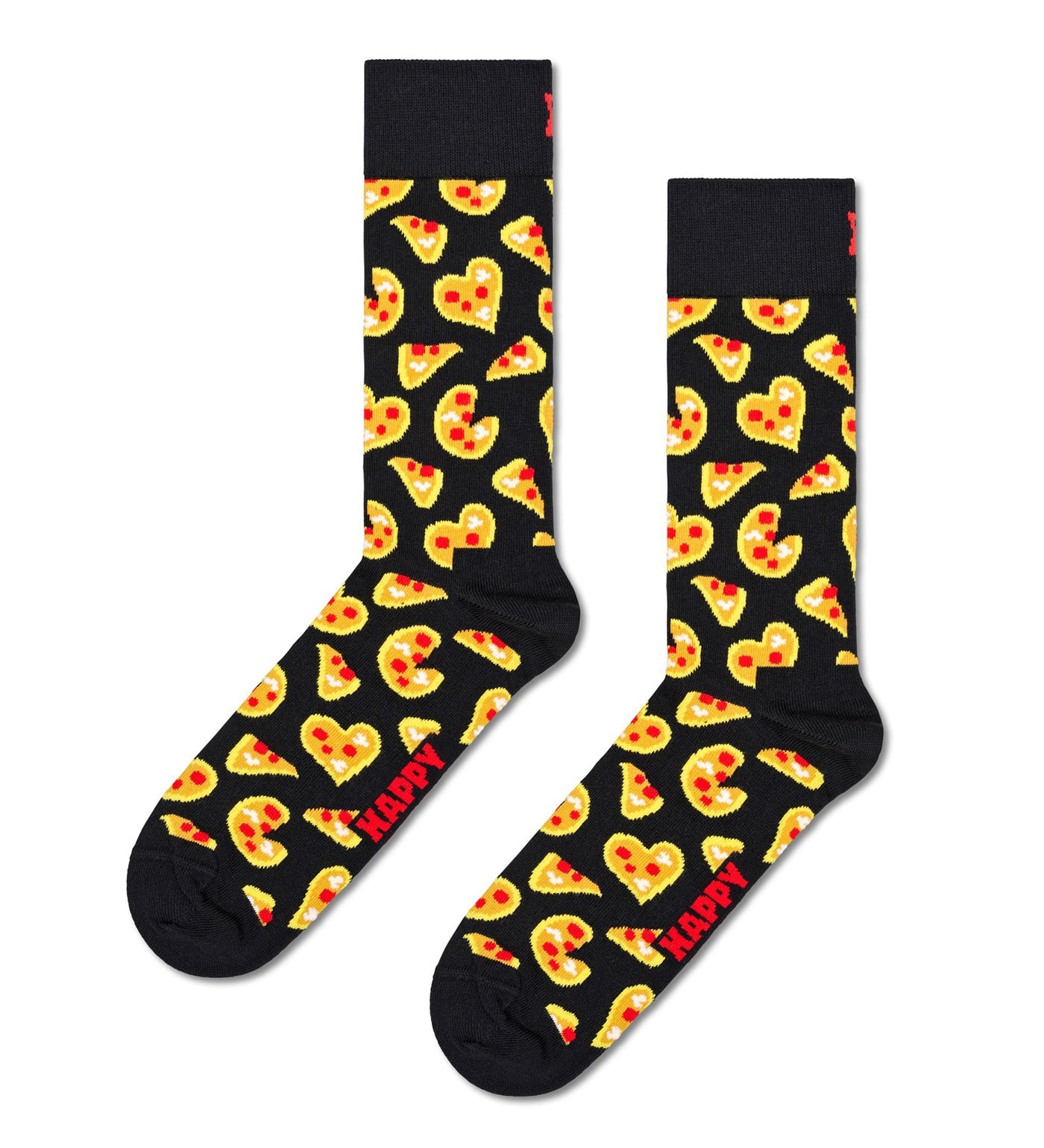 Bright, colorful Happy Socks pizza love crew socks for women and men, featuring fun pizza patterns and vibrant design.