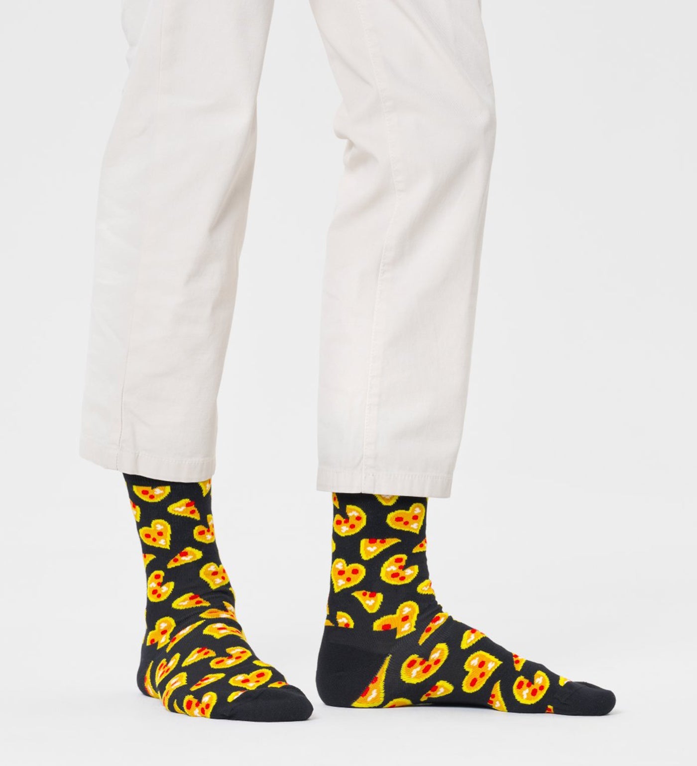 Bright, colorful Happy Socks pizza love crew socks for women and men, featuring fun pizza patterns and vibrant design.