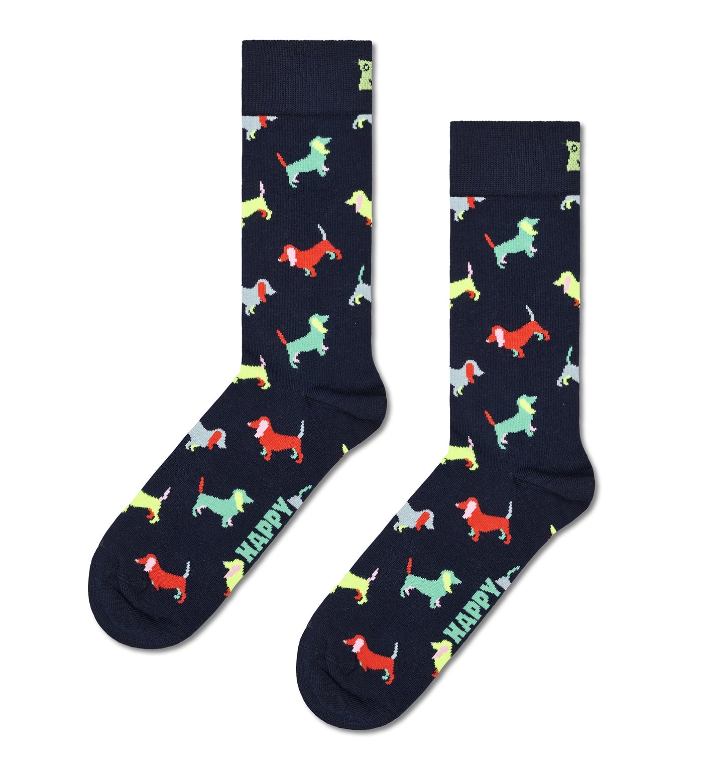Colorful crew length socks featuring playful puppy designs, suitable for both women and men, from Happy Socks' Puppy Love collection.
