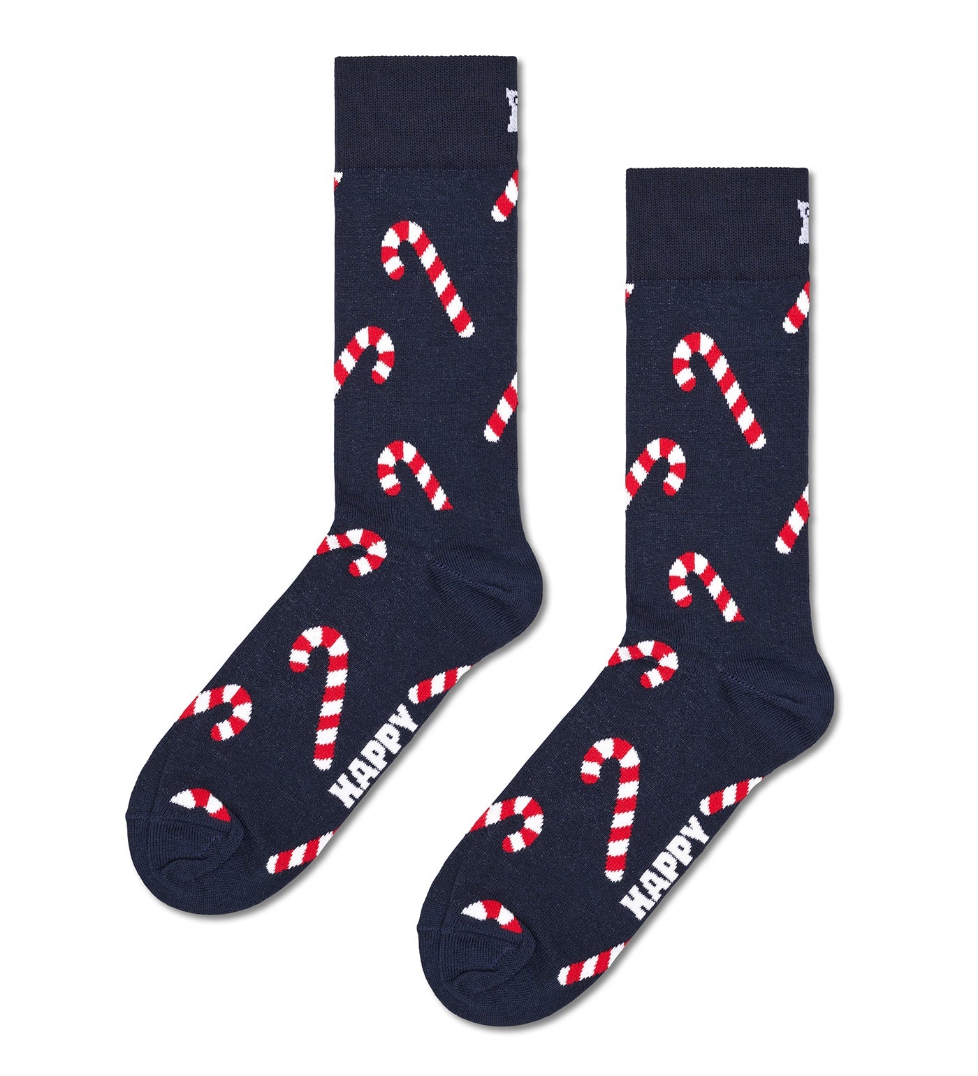 Colorful unisex crew length socks with vibrant candy cane patterns, perfect for adding a festive touch to any outfit.