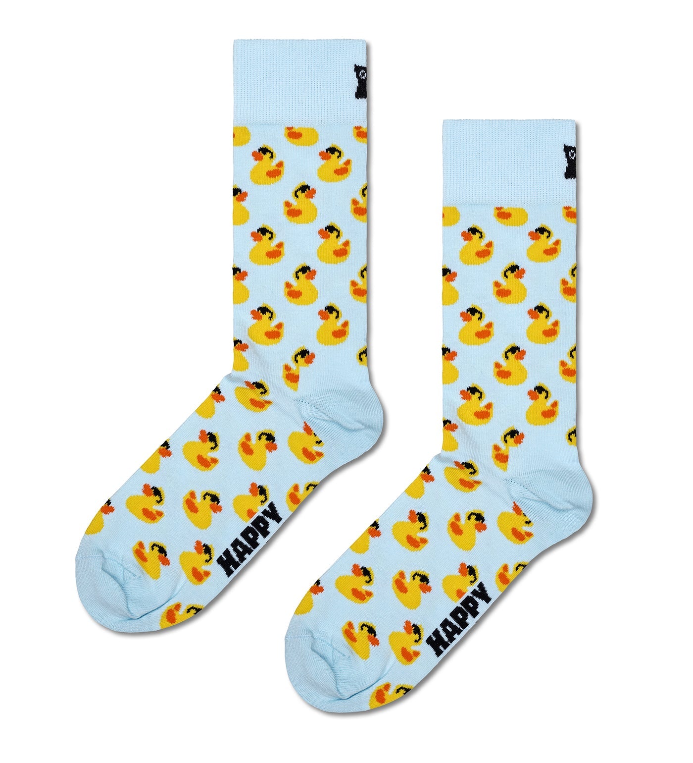 Colorful crew length socks featuring playful rubber duck designs, suitable for both men and women, adding fun to any outfit.