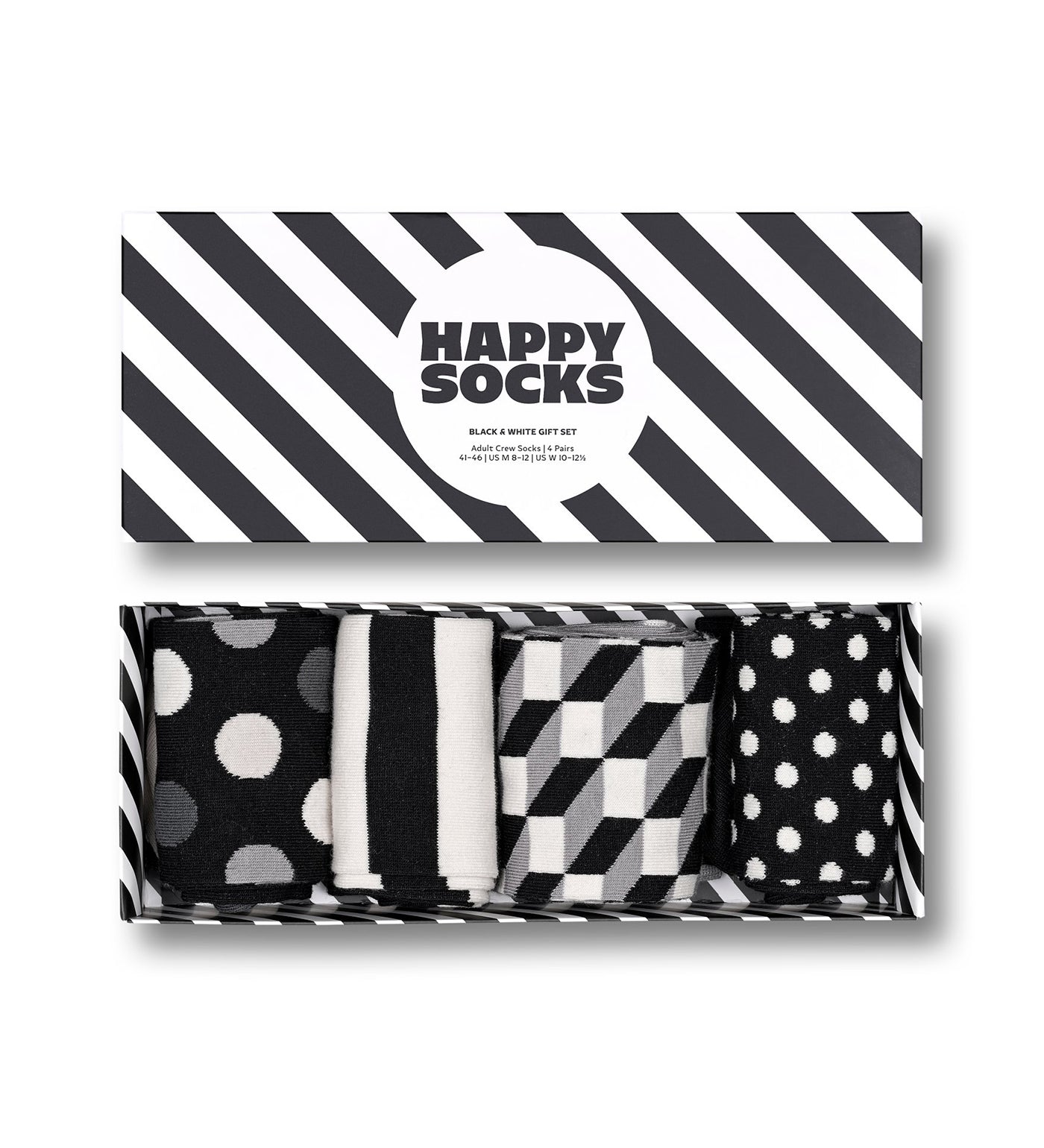 Unisex 4-pack of classic black and white crew-length socks by Happy Socks, perfect gift for women and men.