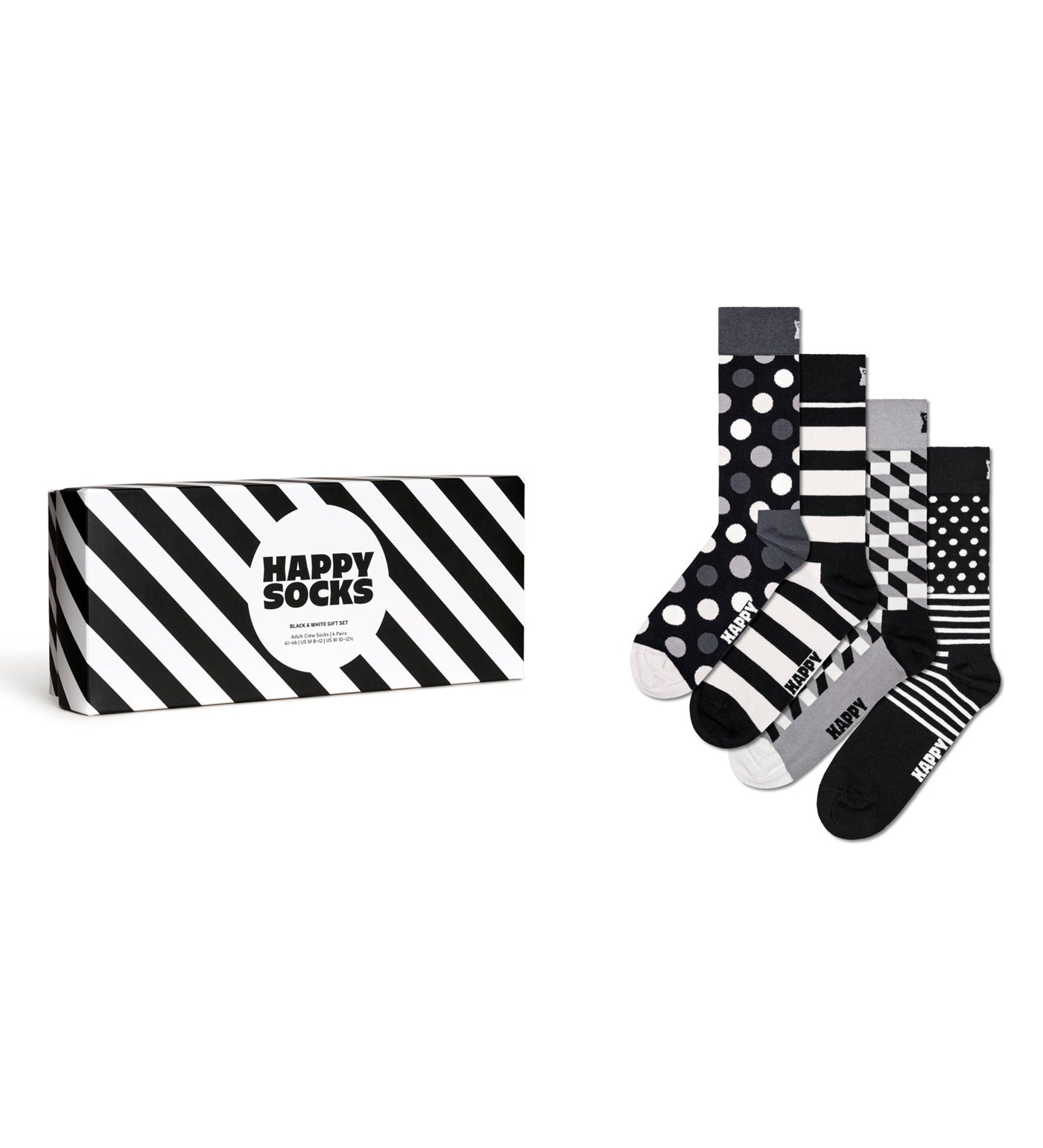 Unisex 4-pack of classic black and white crew-length socks by Happy Socks, perfect gift for women and men.