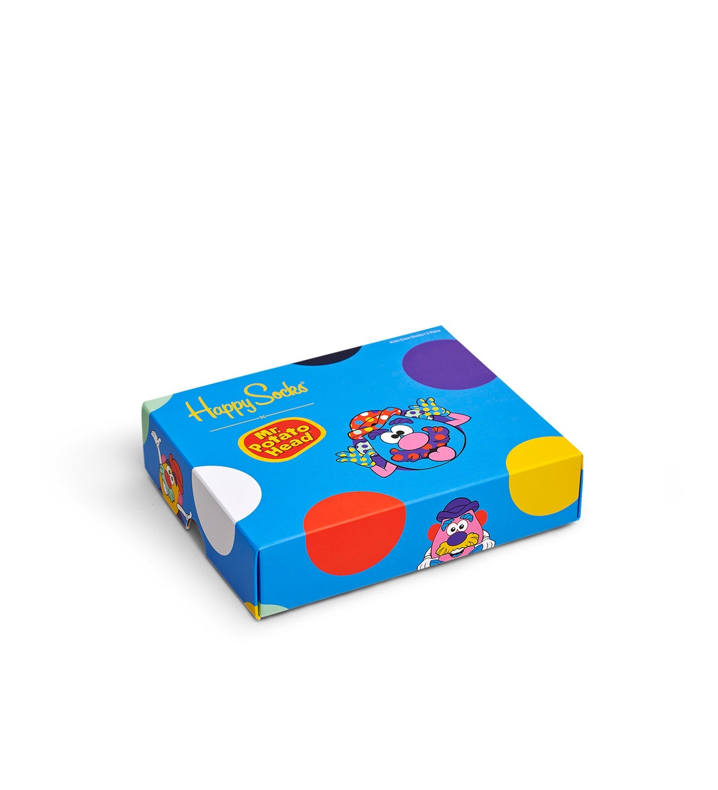 Bright blue gift box with Mr. Potato Head illustrations, vibrant polka dots, and the “Happy Socks” and “Mr. Potato Head” logos.