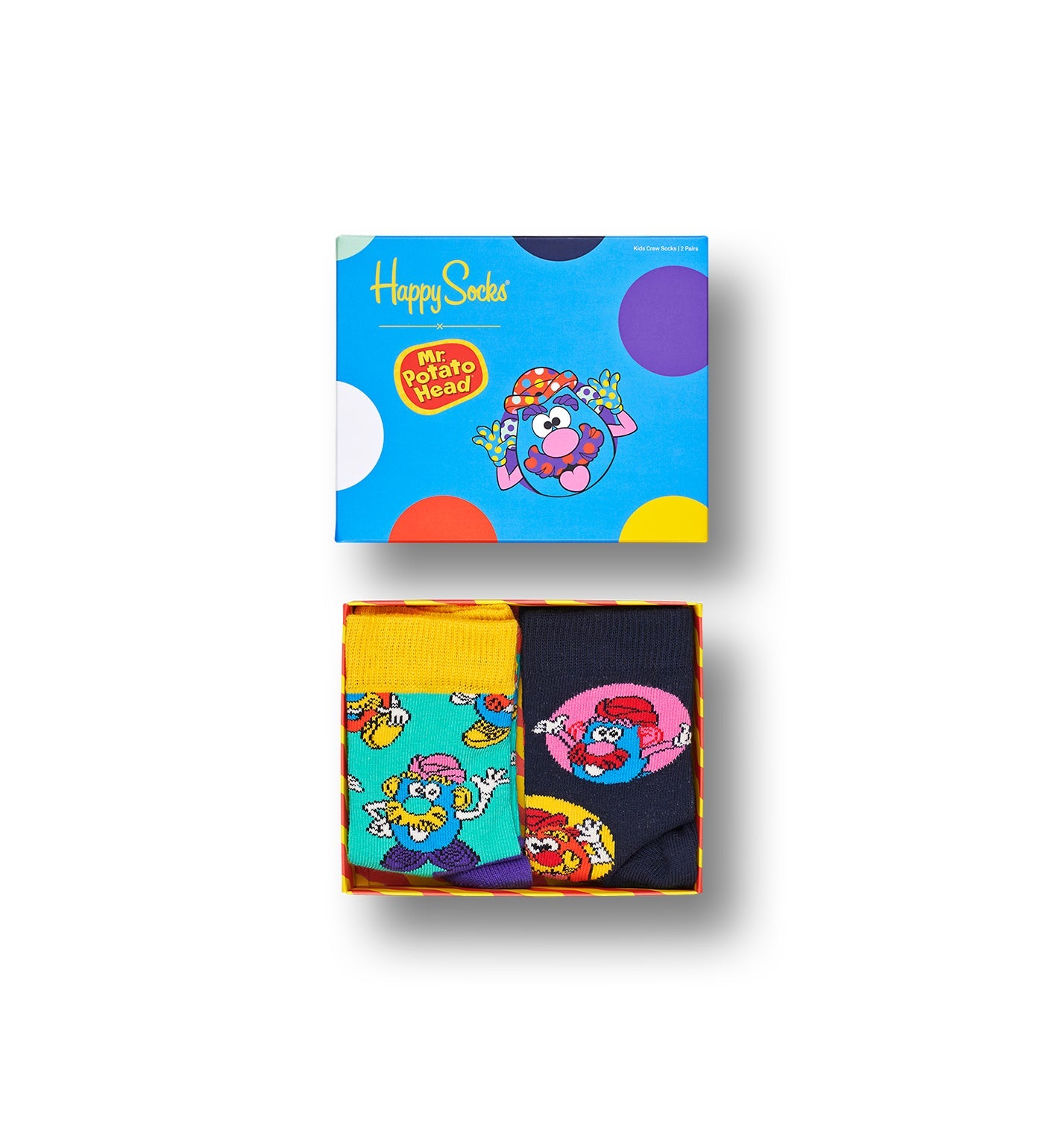 Bright blue gift box with Mr. Potato Head illustrations, vibrant polka dots, and the “Happy Socks” and “Mr. Potato Head” logos.