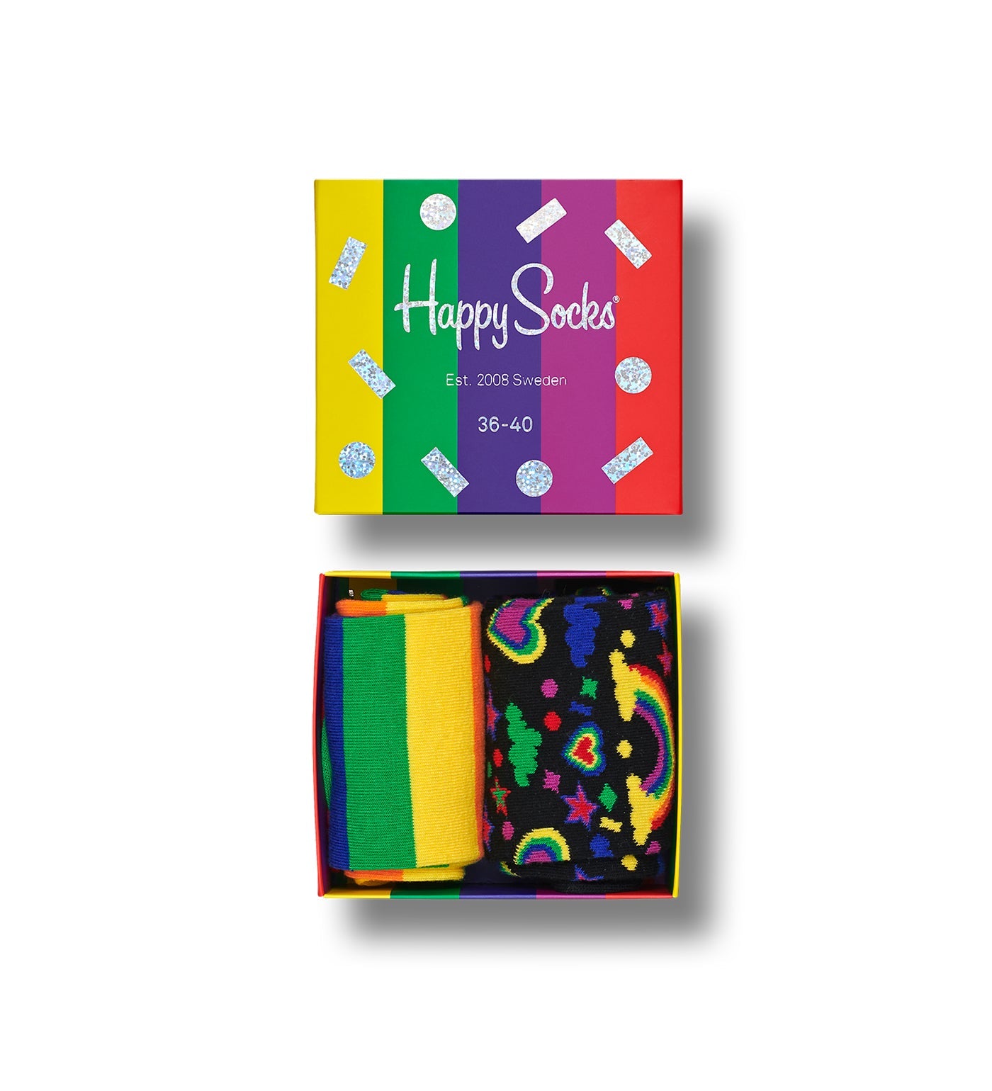 Bright, colorful Pride-themed crew socks in a unisex 2-pack gift set, suitable for both women and men.