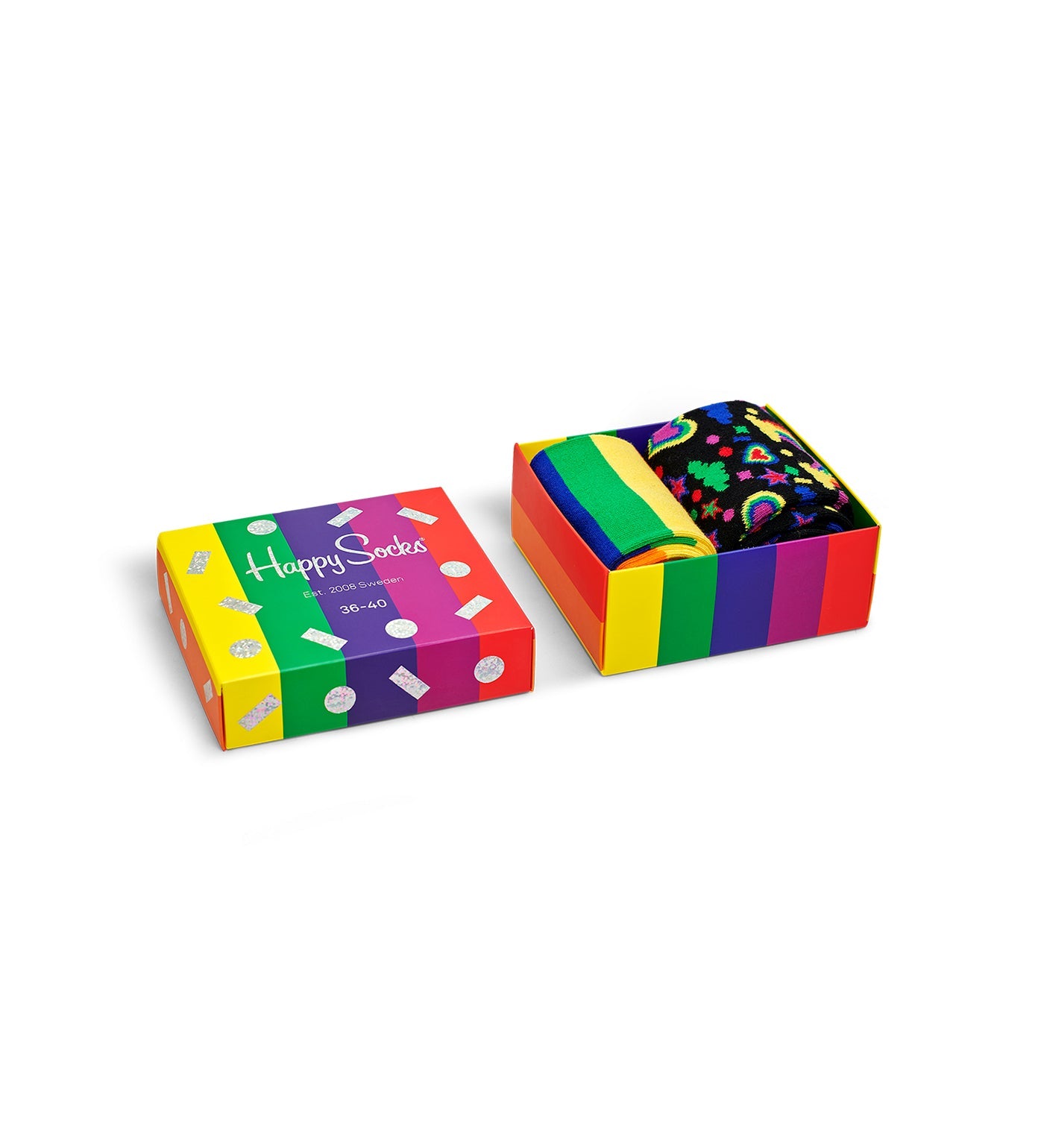 Bright, colorful Pride-themed crew socks in a unisex 2-pack gift set, suitable for both women and men.