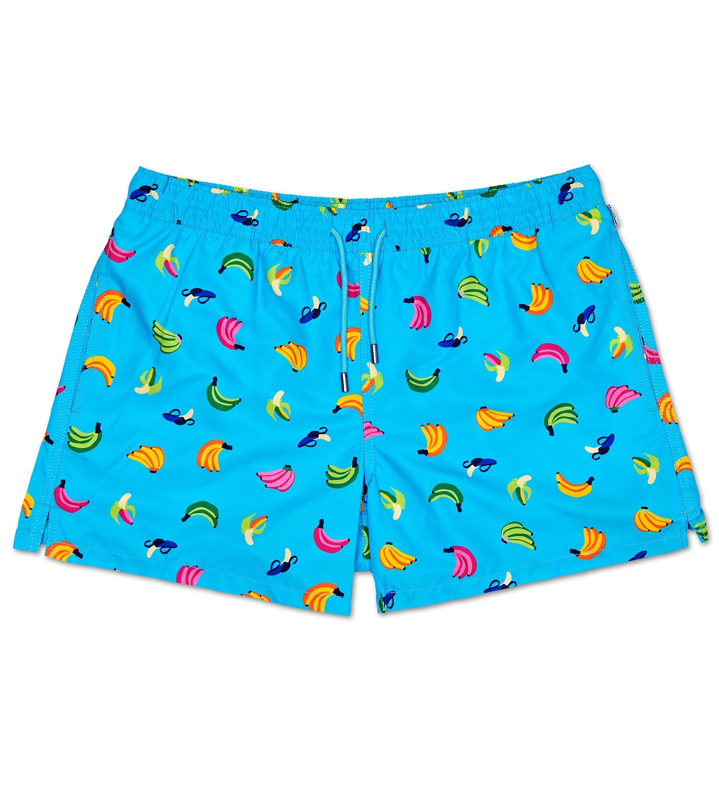 Bright yellow Happy Socks Banana Swim Shorts for Men with playful banana print, perfect for beach or poolside fun.