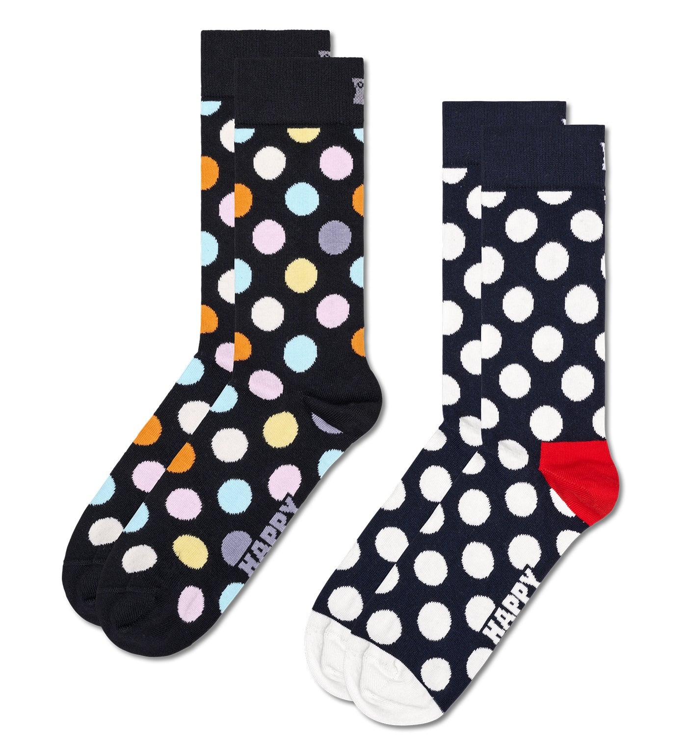 Bright, colorful big dot crew socks in a 2-pack for women and men, unisex design, perfect for everyday wear and adding fun to any outfit.