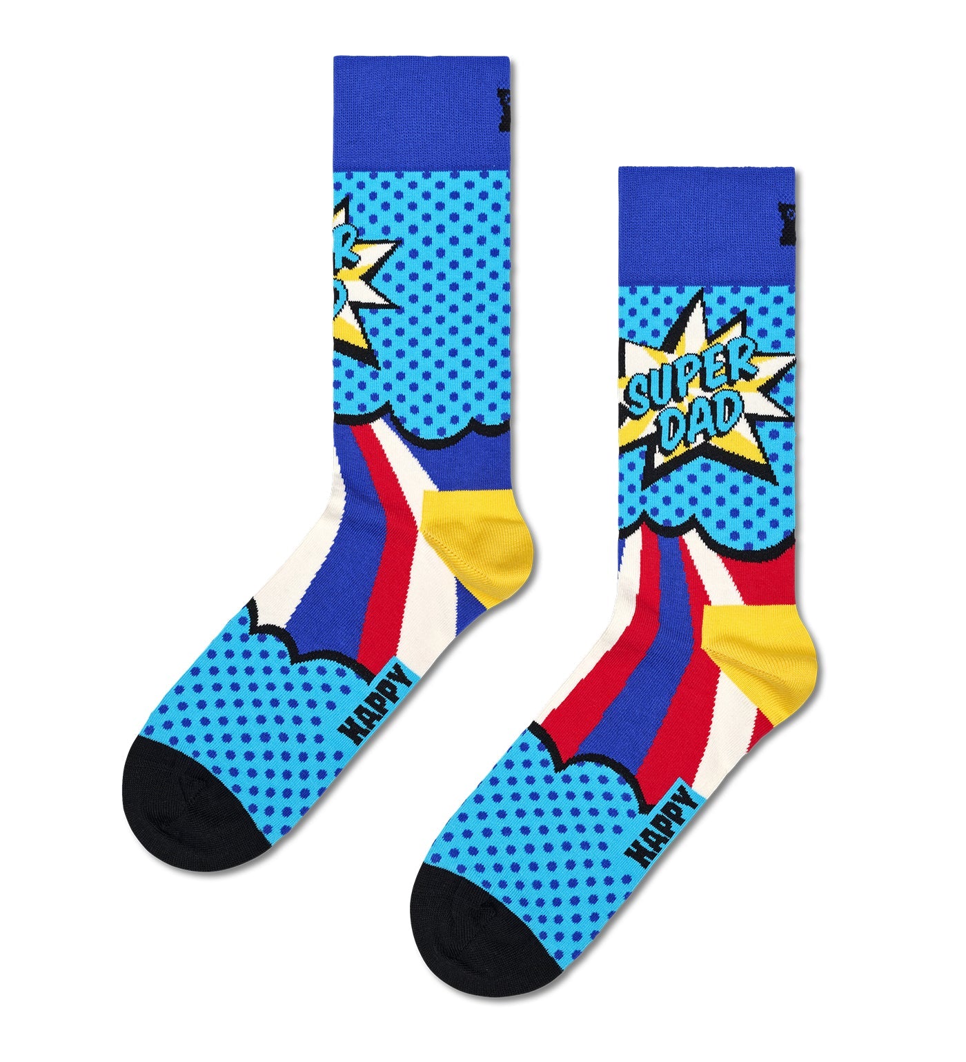 Colorful Happy Socks Unisex Super Dad Crew Length Socks featuring fun, playful patterns, perfect for both men and women.
