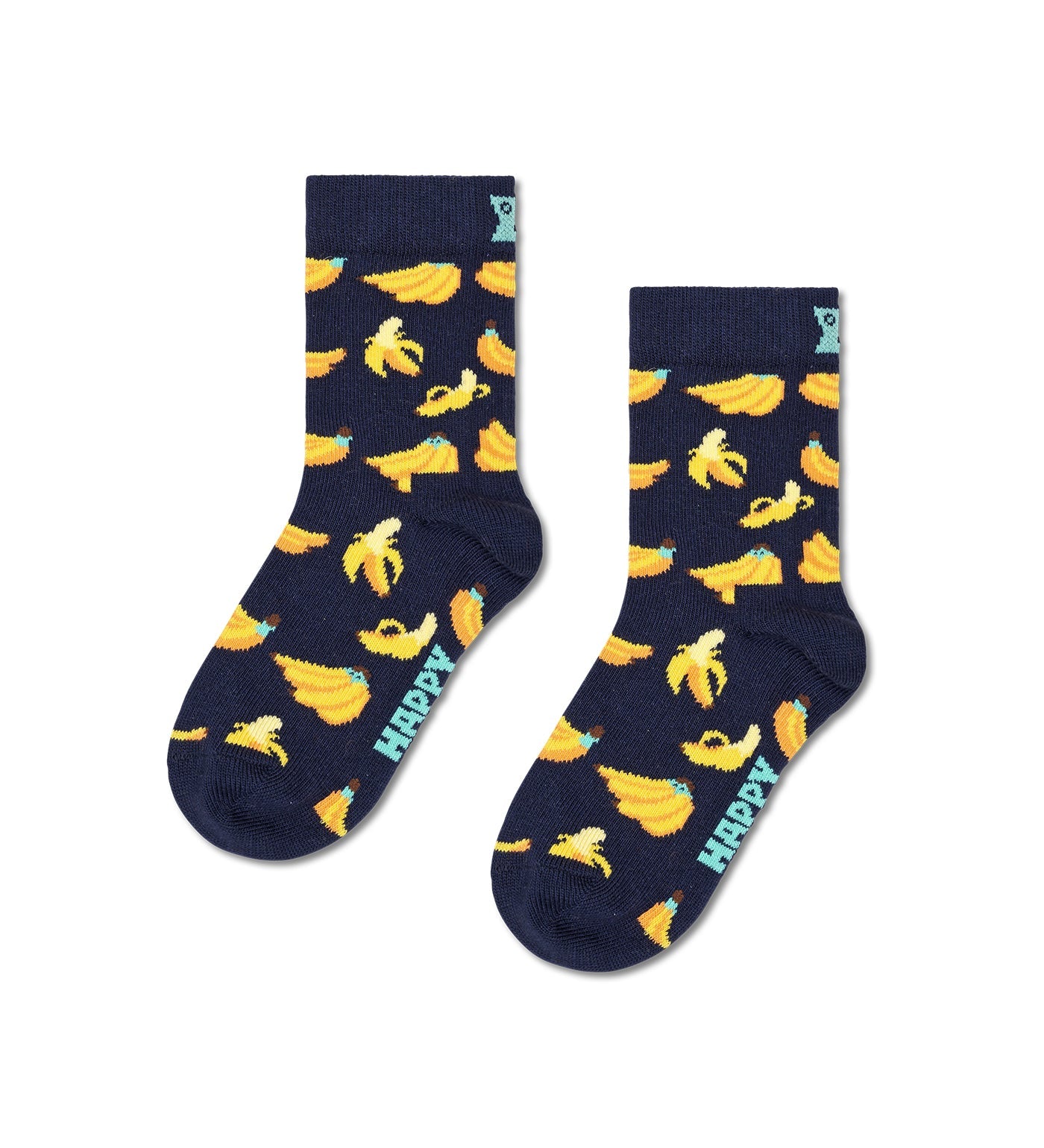 Bright yellow unisex banana-themed crew socks for kids, featuring playful design and comfortable fit.