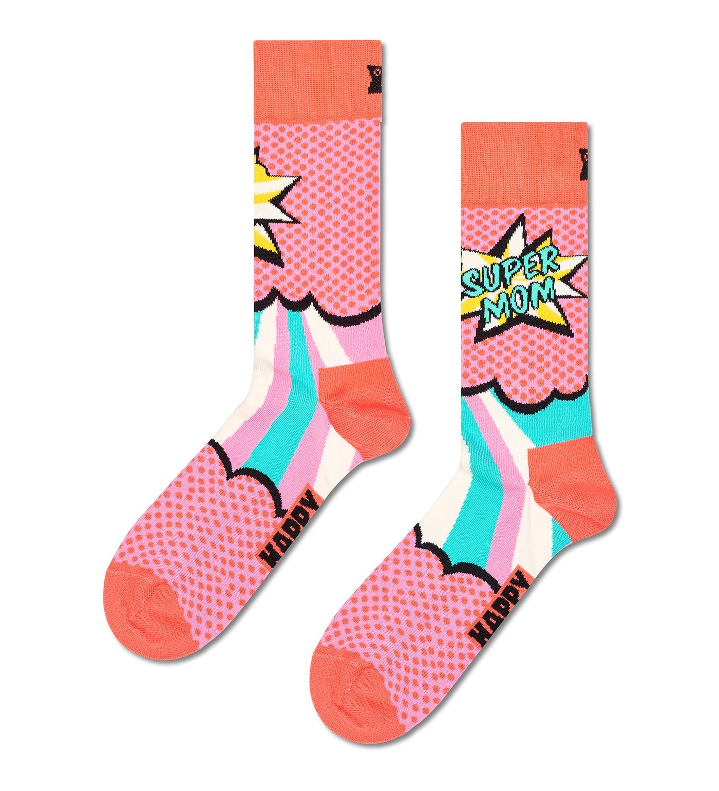 Colorful crew length socks featuring a vibrant Super Mom design, suitable for both women and men, perfect for gifting.