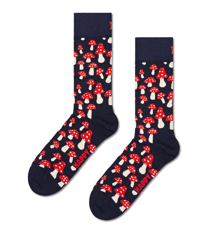 Colorful mushroom pattern crew socks for women and men, unisex design, comfortable, stylish, and perfect for all-day wear.