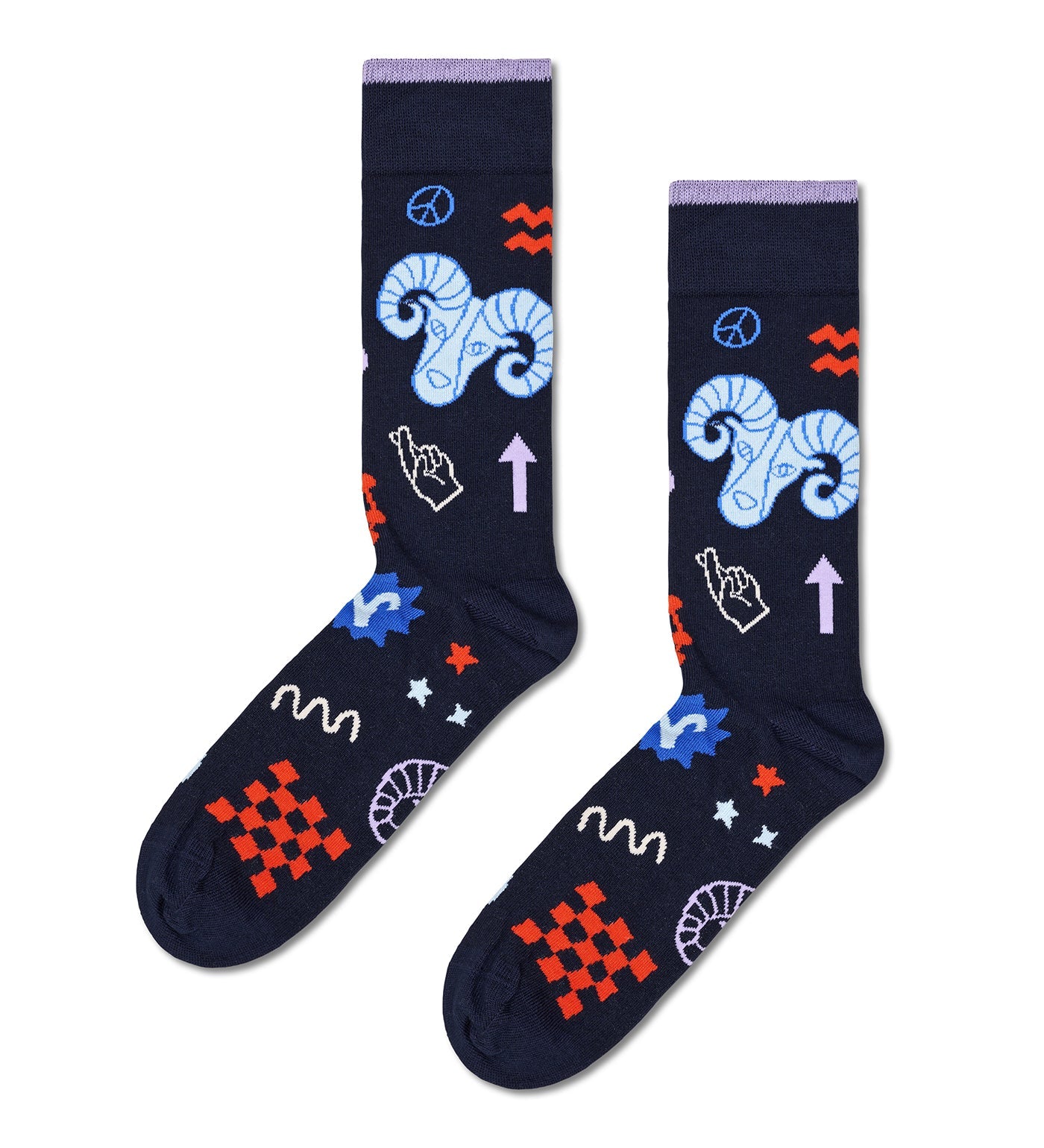 Colorful Aries-themed crew socks by Happy Socks for both men and women, featuring bold zodiac patterns and vibrant hues.