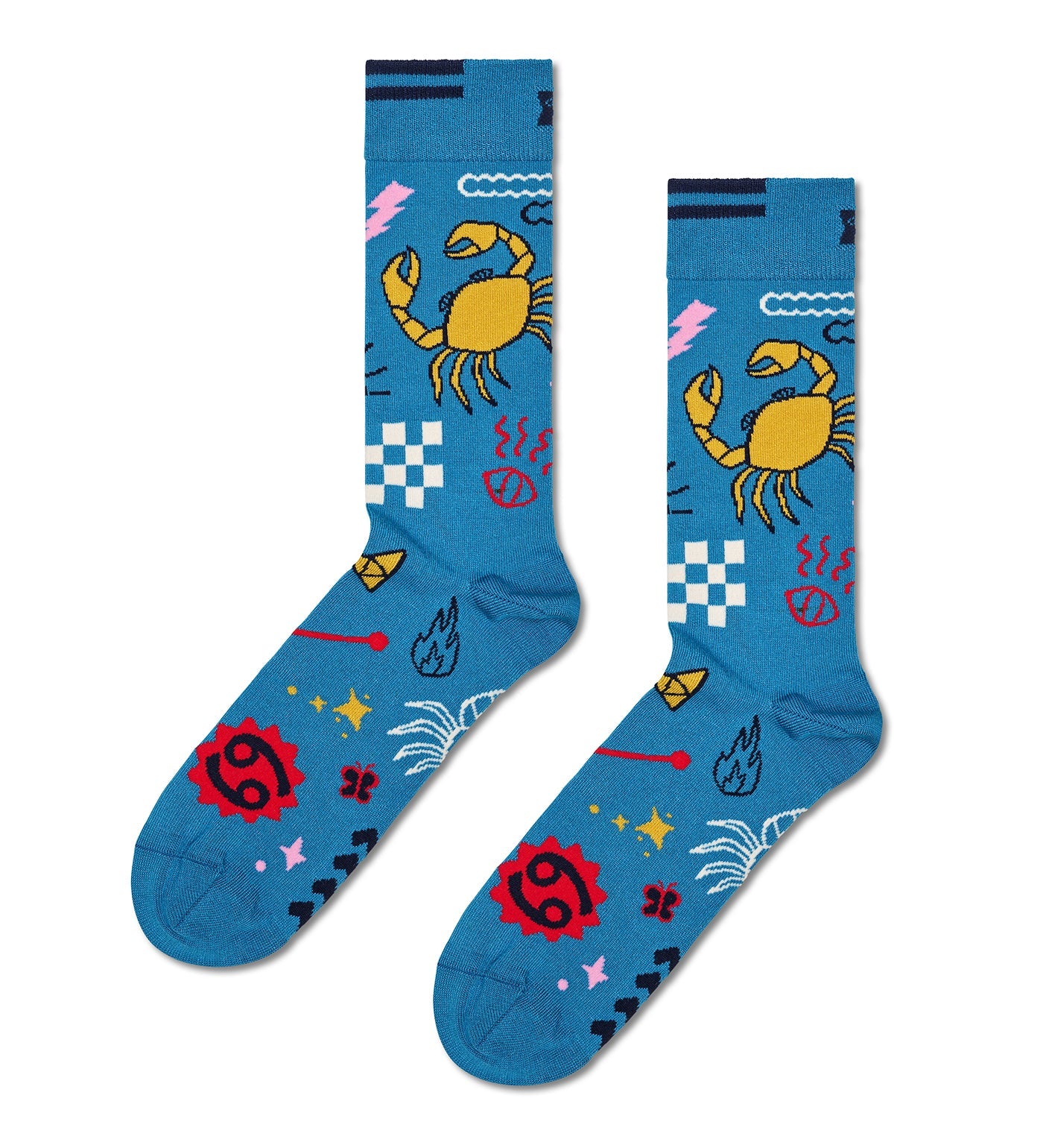 Colorful Happy Socks Cancer Crew Length, featuring a zodiac cancer pattern for men and women, displayed on a white background.