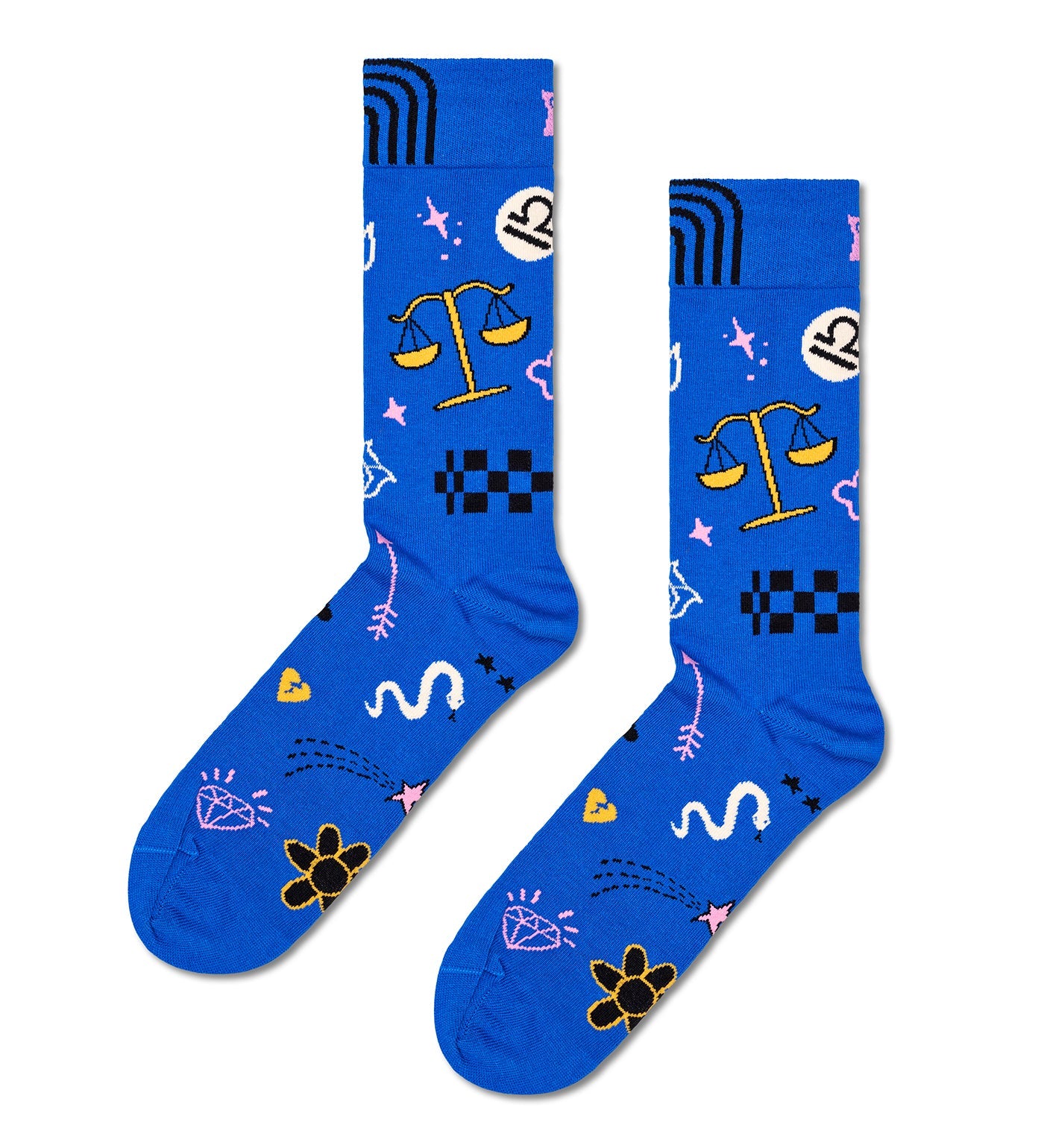 Colorful Libra-themed crew socks for all genders, featuring zodiac designs and vibrant patterns. Perfect for adding a fun touch to any outfit.
