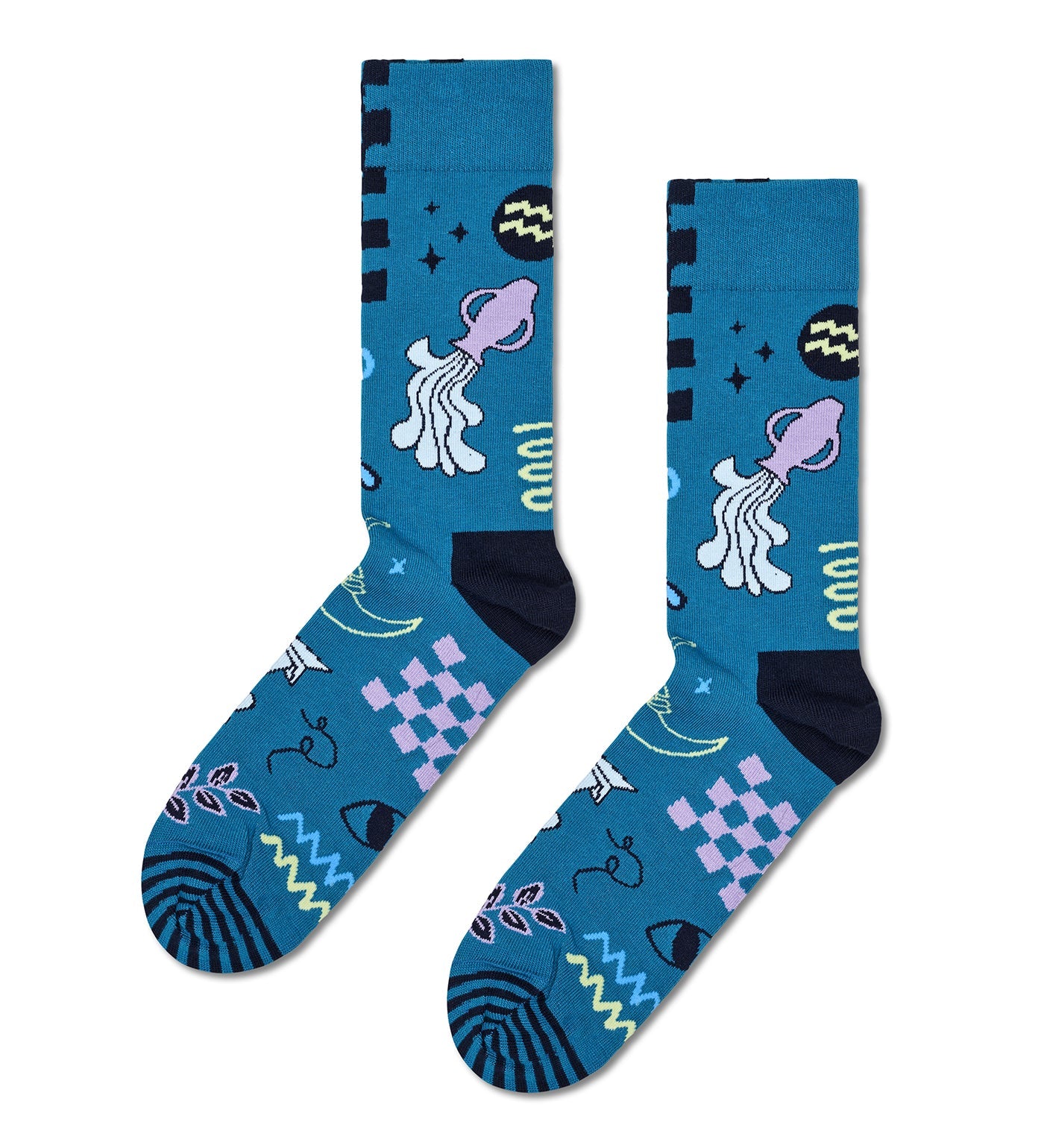 Colorful Aquarius-themed crew length socks by Happy Socks, suitable for all genders. Vibrant patterns add a playful touch to any outfit.