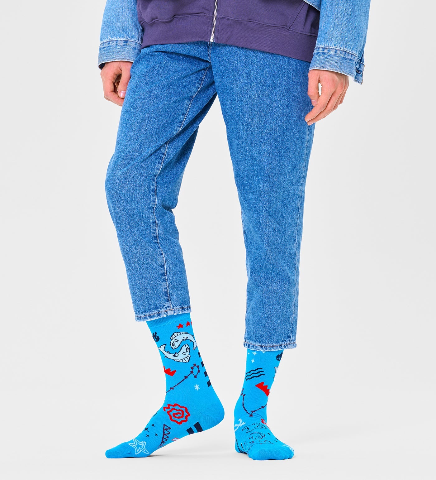 Colorful crew length socks featuring a vibrant Pisces-themed design, suitable for both men and women. Perfect for adding a fun touch.