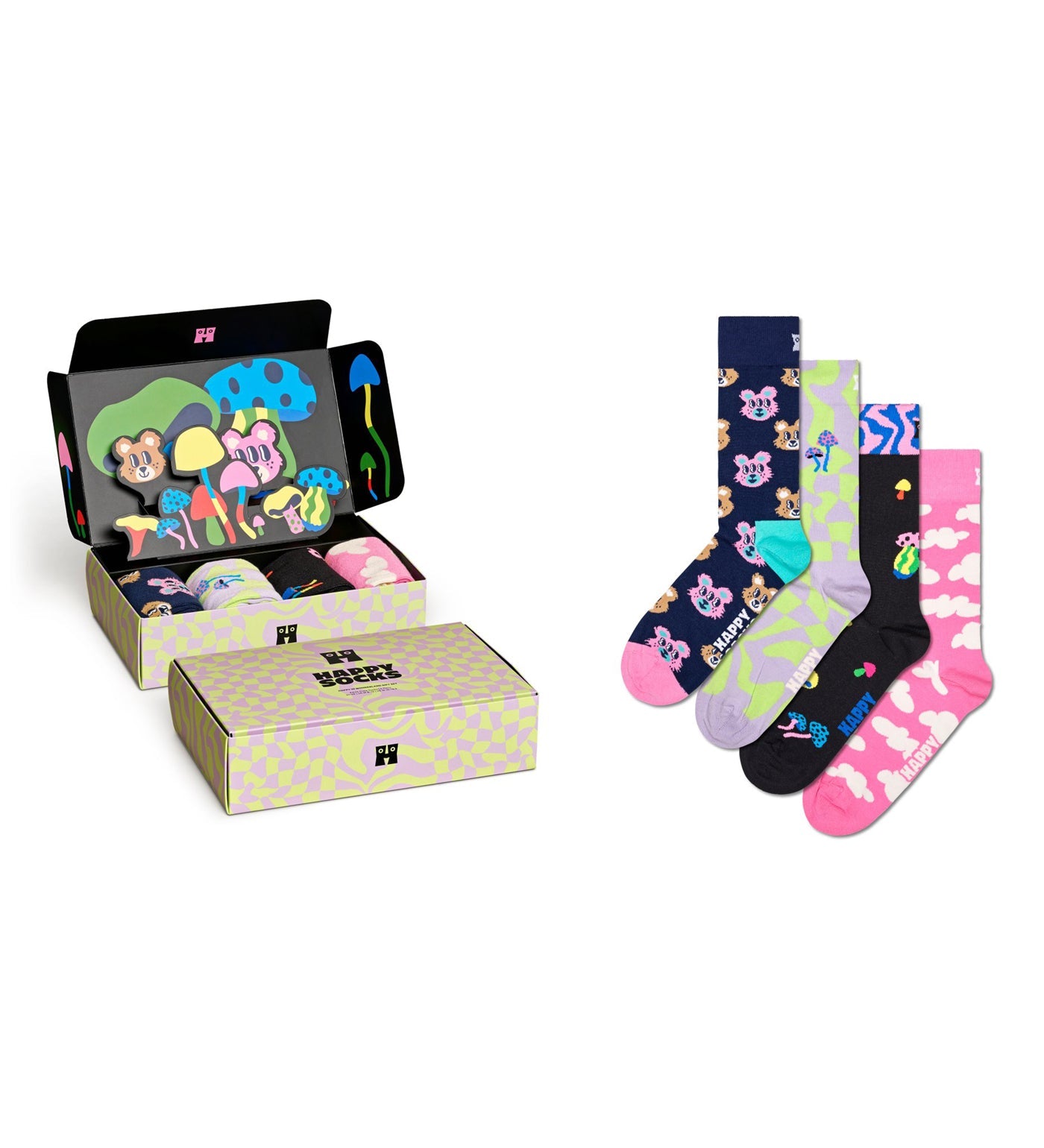 Colorful Happy Socks Unisex 4-Pack featuring whimsical Wonderland designs, perfect for women and men. Great gift set!