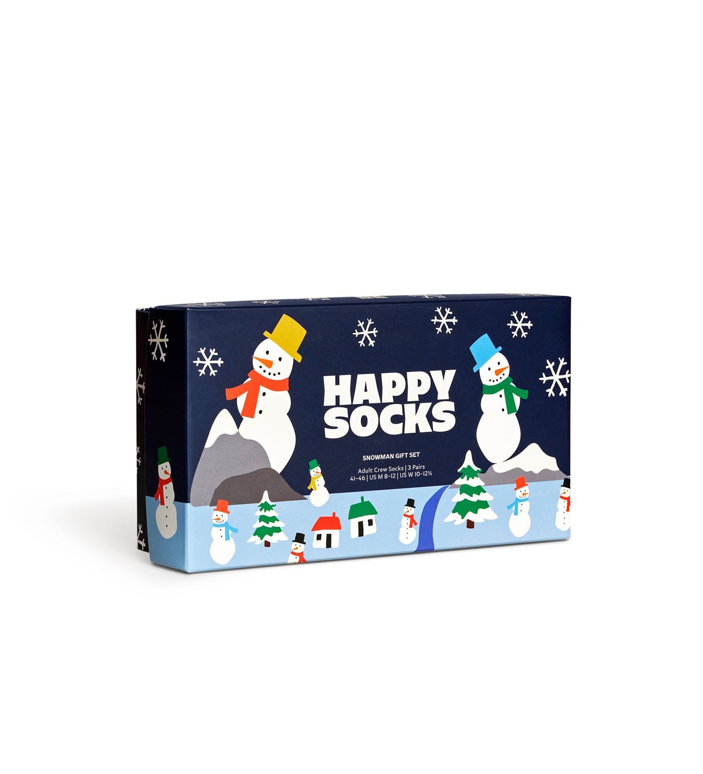 Three pairs of colorful snowman-themed crew socks in a gift set, suitable for women and men.