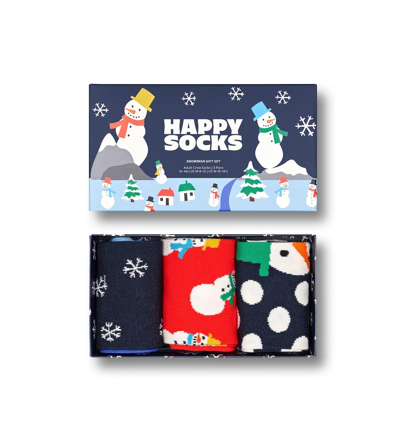 Three pairs of colorful snowman-themed crew socks in a gift set, suitable for women and men.