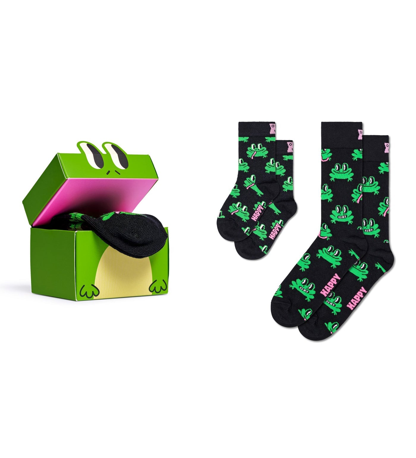 Two pairs of colorful unisex crew socks featuring playful frog designs, perfect for matching with a loved one.