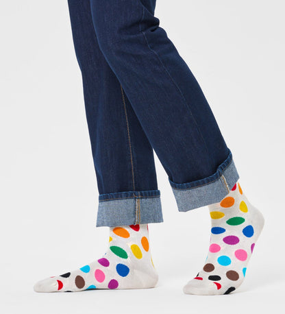 Colorful Pride Dots crew socks for women and men, unisex design, vibrant rainbow pattern, comfortable and stylish wear.