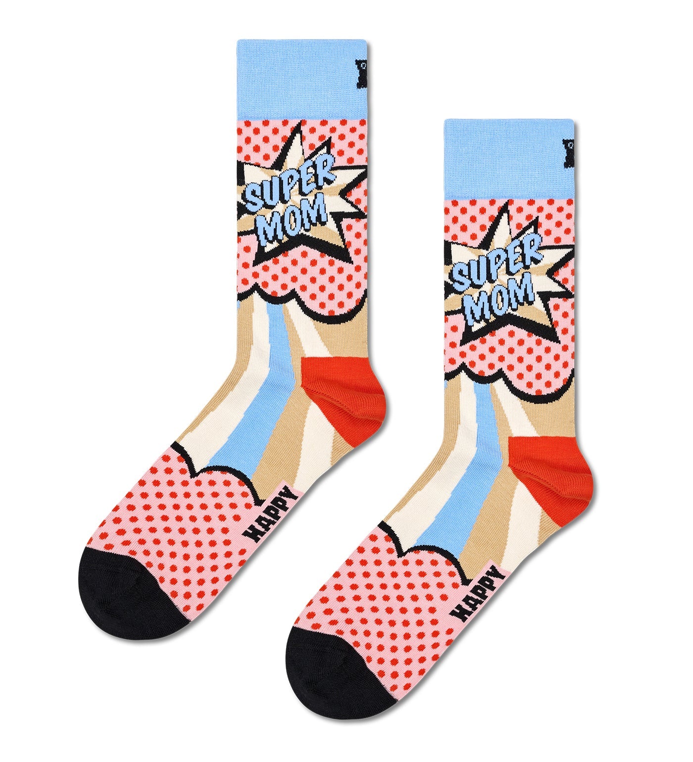 Colorful crew length socks with Super Mom design, featuring vibrant patterns suitable for any gender. Perfect gift for Mother's Day.