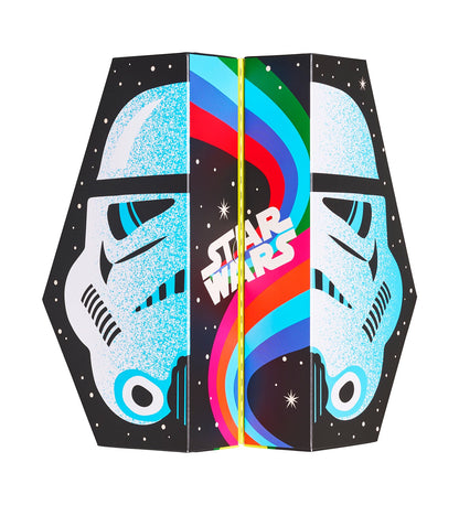 A colorful 6-pack of Star Wars-themed crew socks for men and women, featuring iconic characters and motifs from the saga.