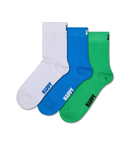 Happy Socks unisex 3-pack solid ankle length socks, assorted colors, suitable for both women and men, displayed on a white background.