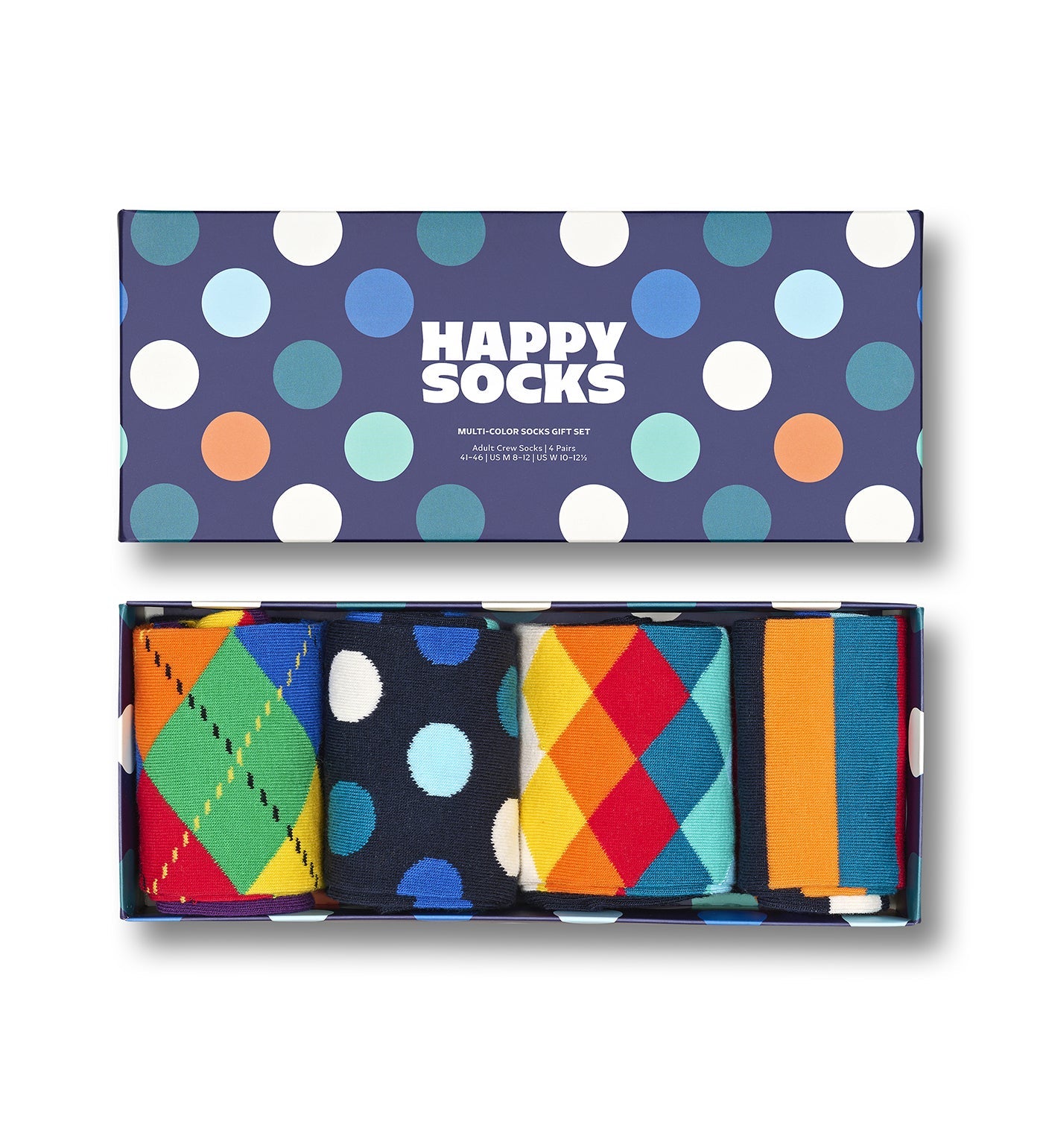 A colorful 4-pack gift set of unisex crew length Happy Socks for women and men, featuring vibrant patterns in a stylish box.